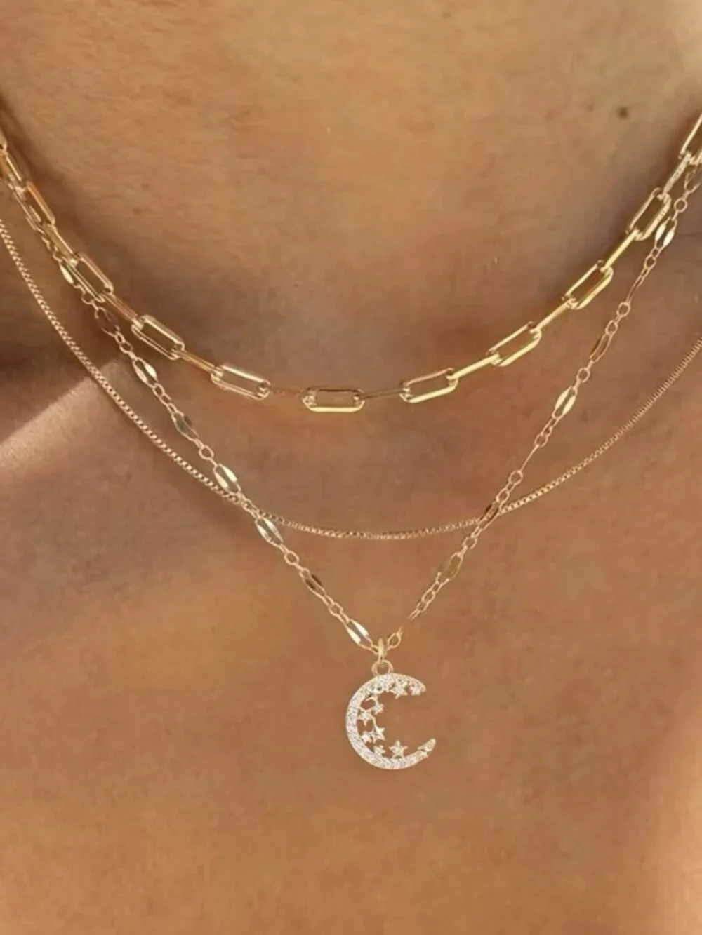 18K Gold Plated 3pc Layered Moon Chain Necklace Stainless Steel Womens Jewelry